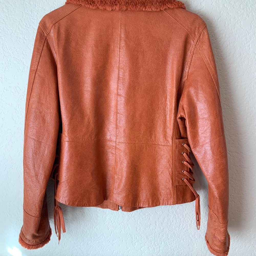 RARE! Y2K VINTAGE Leather! XOXO Womens Bomber Jacket Lace Up Moto Size XL - Picture 7 of 14